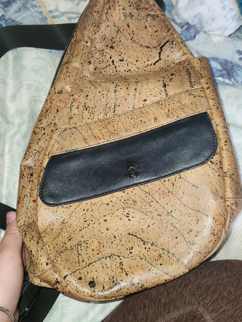 Tan Cork Crossbody Sling Bag with Black Trim